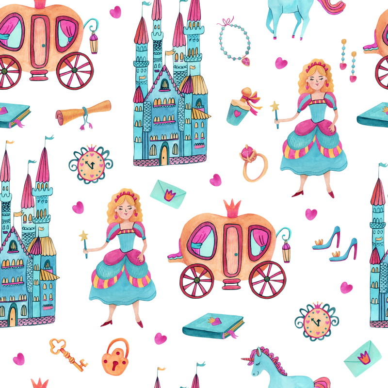 Watercolor seamless pattern with princess, carriage, fairy-tale things